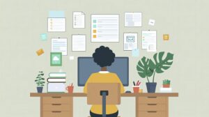 Woman at desk with disorganized cloud storage/digital space and files