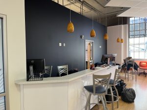 New desk and chair set up for the Help Desk at the Ilini Union